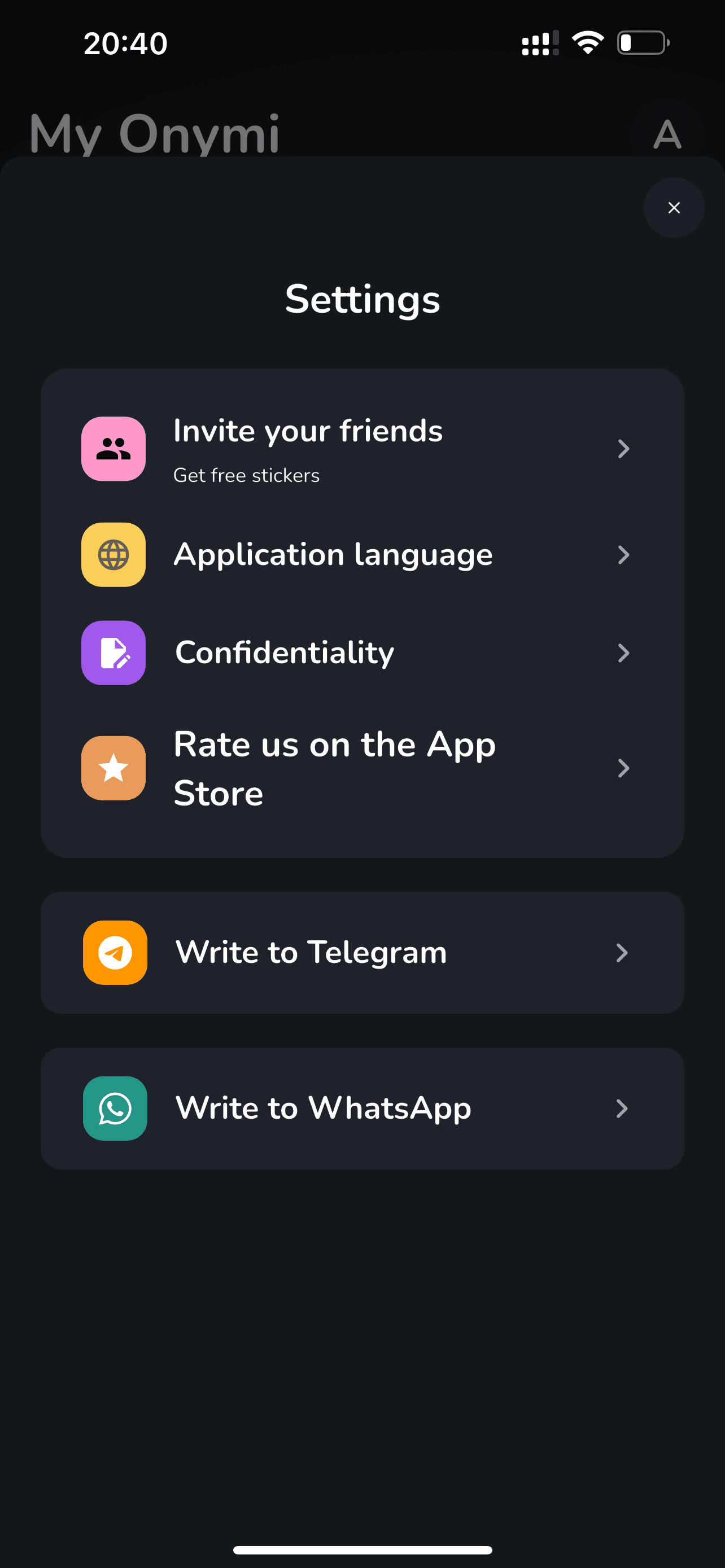 Onymi mobile screen 1